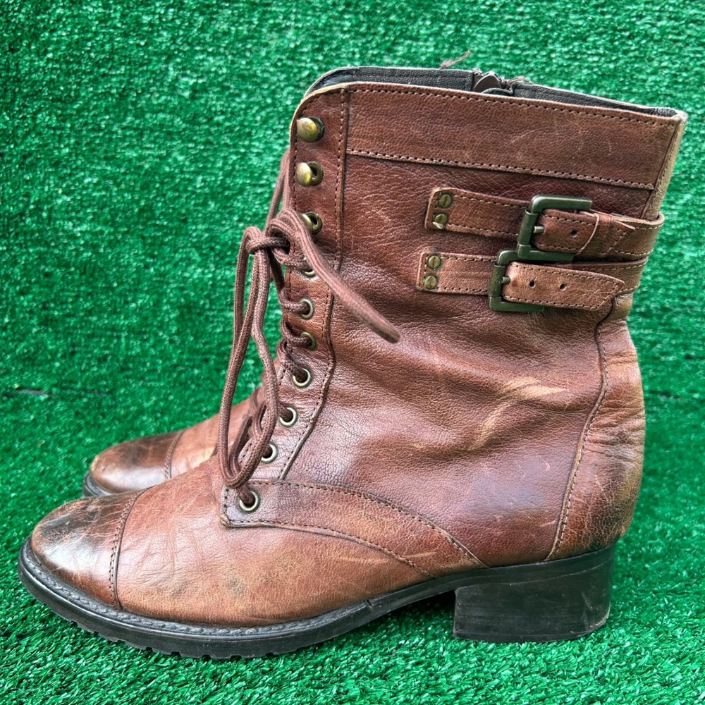 Adam Tucker Me Too Liv‎ Brown Leather Lace Up Buckle Combat Boots Womens 9